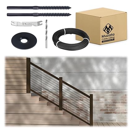 Muzata 0-10ft Black Wood Cable Railing System Fit for 1/8" Cable Railing Kit Hardware Swage Lag Screws T316 Stainless Steel One-Stop All-in-One DIY Stair Section Length Adjustable Super Easy WA04