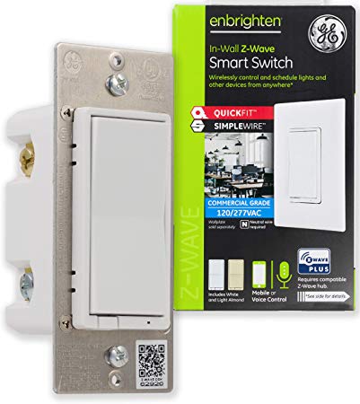 GE Enbrighten Plus Smart Switch with QuickFit and SimpleWire, in-Wall Commercial Grade 120/277 VAC, Z-Wave Hub Required, Works with Ring, SmartThings, Alexa, 43072, White & Light Almond