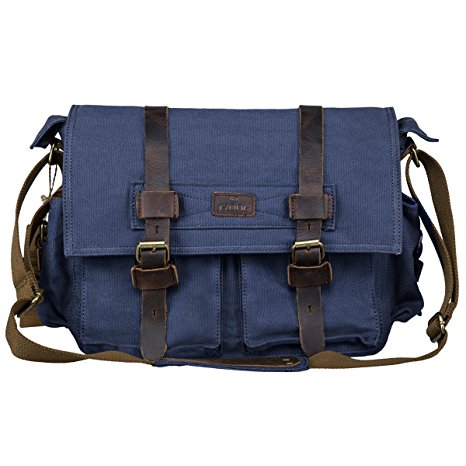 S-ZONE Vintage Canvas Genuine Leather Trim DSLR SLR Camera Shoulder Messenger Bag (Blue)