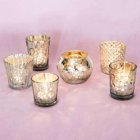 Luna Bazaar Best of Vintage Mercury Glass Candle Holders (Silver, Set of 6) - For Use with Tea Lights - For Home Decor, Parties, and Wedding Decorations