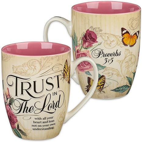 Christian Art Gifts Ceramic Scripture Coffee & Tea Mug for Women, 12 oz Inspirational Bible Verse - Trust in the Lord - Proverbs 3:5 w/Gold Accents, Rose Floral Cute Butterfly, Pink/Tan