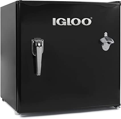 Igloo IRF16RSBK Classic Single Door Chrome Handle & Bottle Opener Compact Refrigerator with Freezer, Slide out Glass Shelf, Perfect for Homes, Offices, Dorms, 1.6 Cu.Ft, Black