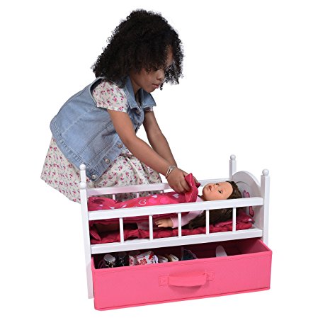 Wooden Doll Crib with Storage Drawer Fits 18 Inch Dolls
