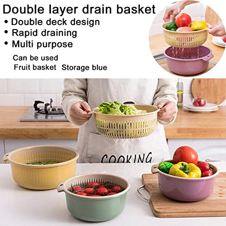 Double-layer separated design multifunctional kitchen colander, double-layer rotatable drain basin and basket, filter for cleaning fruits and vegetables, large and small (Small, Beige)