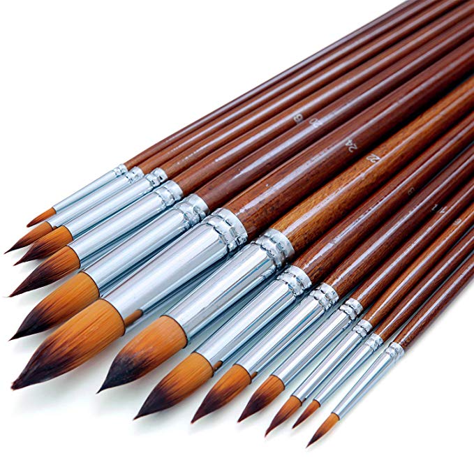 Artist Watercolor Paint Brushes Set 13pcs - Round Pointed Tip Soft Anti-Shedding Nylon Hair - Detail Paint Brush for Watercolor, Acrylics, Ink, Gouache, Oil and Tempera