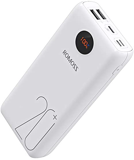 ROMOSS SW20PS  20000mAh Power Bank Digital Display, Large Capacity Portable Charger Type-C 18W Two-Way Fast Charge compatible with Nintendo Switch iPhone iPad Samsung Galaxy Huawei Google Pixel and More White