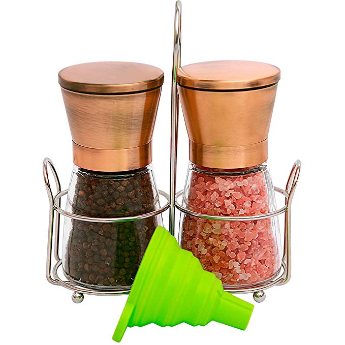 Copper Stainless Steel Salt and Pepper Grinder Set with Stand|Manual Himalayan Pink Salt Mill|Salt and Pepper Shakers with Adjustable Coarseness and Clear Glass Body (Pack of 2)