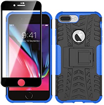 Yiakeng iPhone 7 Plus Case, iPhone 8 Plus Case and Tempered Glass Screen Protector, Shockproof Silicone Protective with Kickstand for Apple iPhone 7 Plus / 8 Plus (Blue)