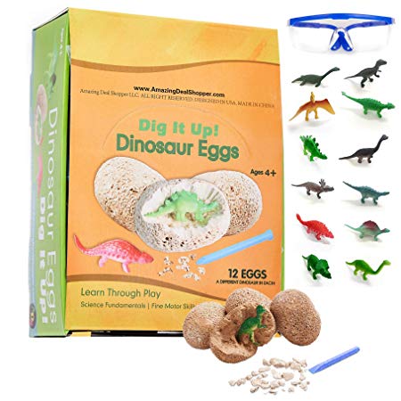 ADS Ultimate 12 Dinosaur Eggs Science Kit–Dig Up Dino Fossils and Assemble Skeleton Set! - Each Includes 1 Piece of Chisels