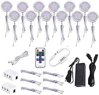 AIBOO LED Under Counter Lighting,Curio Cabinet,Display Light Fixtures with 12V Plug in Adapter and Dimmable Wireless Remote Control,24W 12 pcs Ultra Slim Bright Puck Lights(6000K, Daylight White)