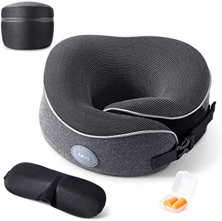 AEVO Travel Pillow, Memory Foam Neck Pillow, Comfortable & Breathable Cover, Machine Washable, Pillow with Eye Mask, Earplugs, Travel Bag, 360-Degree Head Support for Airplane, Train, Travel (Gray)