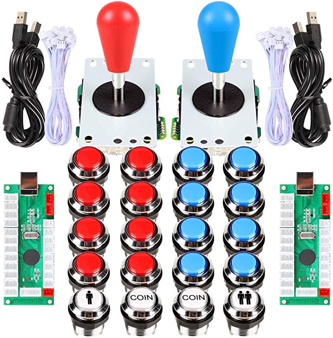 EG STARTS Arcade Gamepads & Standard Controllers DIY Games MAME Kit 2 Ellipse Oval Joystick   20 LED Chrome Buttons (Red-Blue Colors)