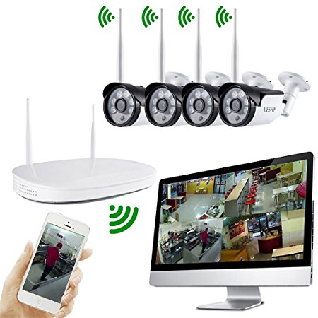 iUcar Wireless Security Camera System 4CH 720P HD Video Security System with 65FT Night Vision and 4pcs Bullet IP Cameras，IP65 WeatherProof，No HDD
