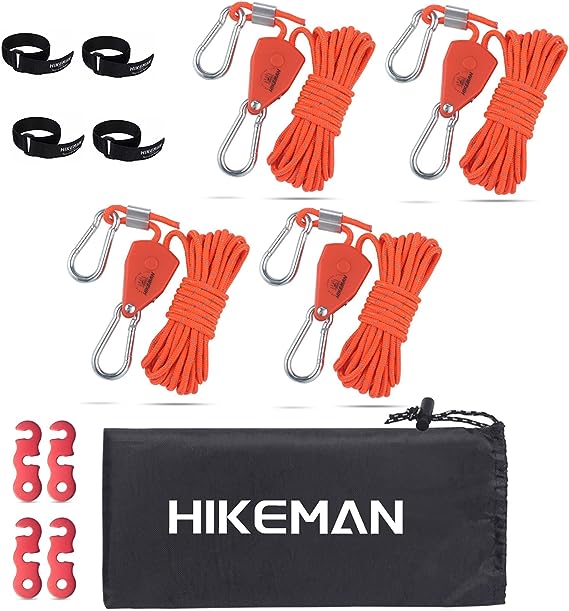 Hikeman Camping Rope with Ratchet Pulley,Quick Setup Outdoor Guy Lines Adjustable Tent Tie Downs Rope Hanger for Canopy,Kayak and Canoe,Grow Light