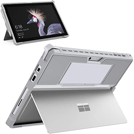 MoKo Case Fit Microsoft Surface Pro 7 / Pro 6 / Pro 5 / Pro 2017 / Pro 4 / Pro LTE, All-In-One Protective Rugged Cover Case with Pen Holder Hand Strap Compatible with Type Cover Keyboard - Silver Gray