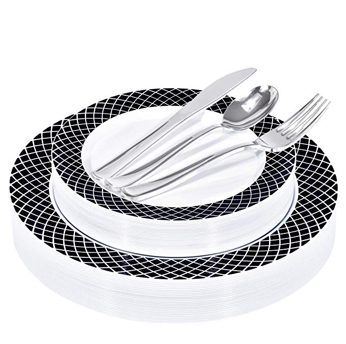 125-Piece Elegant Plastic Plates & Cutlery Set Service for 25 Disposable Place Setting Includes: 25 Dinner Plates, 25 Salad Plates, 25 Forks, 25 Knives, 25 Spoons (Black/White) - Stock Your Home