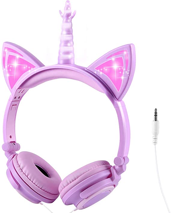 Sunvito Unicorn Headphones for Kids, Foldable Kids Headphones with LED Glowing Light and 3.5mm Jack for School Birthday Gifts (Light Purple)