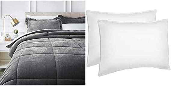 AmazonBasics Ultra-Soft Micromink Sherpa Comforter Bed Set, Full or Queen, Charcoal - 3-Piece & Down Alternative Bed Pillows for Stomach and Back Sleepers - 2-Pack, Soft Density, Standard