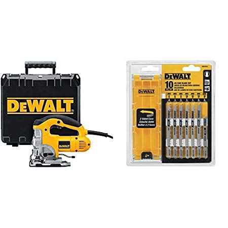 DEWALT DW331K 6.5 Amp Top Handle Jig-Saw with DEWALT DW3741C 10-Piece T-Shank Jig Saw Blade Set w/Case