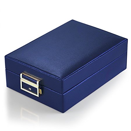 MBLife Laminated Leather Double Layer Mirror Travel Jewelry Box Organizer Navy