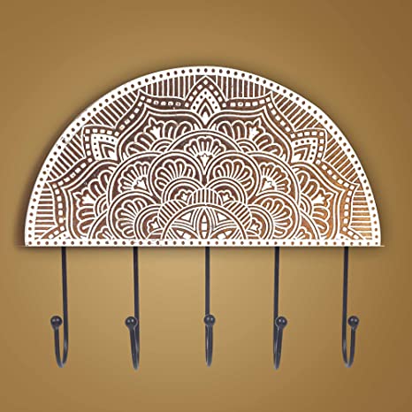 Mandala Life ART Decorative Key Wall Hanger - 5 Medium Hooks - Boho Chic Natural Raw Mango Wood - Hand Curved Wooden Stamp with Metal Hook - Jewelry Hanger