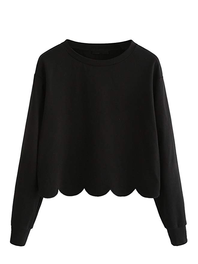 Romwe Women's Casual Long Sleeve Scalloped Hem Crop Tops Sweatshirt