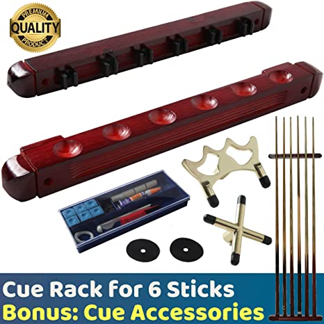 BETTERLINE Billiard Wooden Cue Rack for 6 Pool Sticks, Cue Bridge Spider Head, Cue Cross X Rest, Cue Accessories, 5 Cue Chalk Cubes and 2 Pool Table Spot Stickers