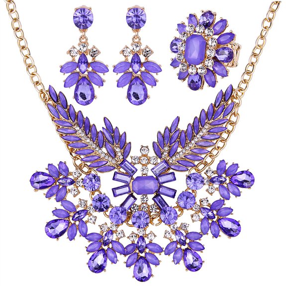 Zhenhui 3 Pieces Luxury Jewelry Sets Fashion Gold Tone Angel Wing Water Drop Shape Crystal Statement Necklace Drop Dangle Earrings Ring Set for Women