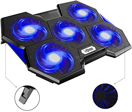 i-Star Laptop Cooling Pad, Laptop Cooler Pad 5 Quiet Fans LED Lights, for 12 to 17 Inches Laptops with 2 USB Connection Rapid Cooling Action Metal Mesh Slim Portable Adjustable Stand (Blue-V2)