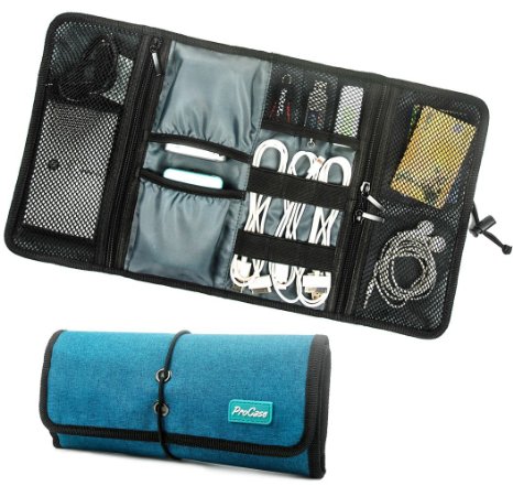 ProCase Roll-up Electronics Organizer, Universal Accessories Travel Case, Cable Management Carry Bag, Healthcare Kit Travel Kit and Cosmetics Bag (Teal)