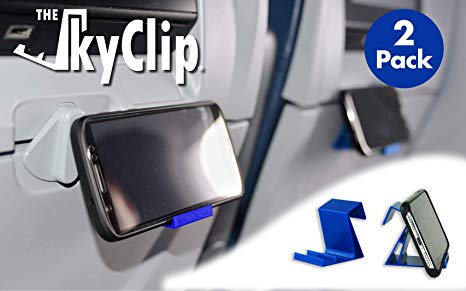 The SkyClip - (Blue, 2 Pack) Airplane Cell Phone Seat Back Tray Table Clip and Phone Stand, Compatible with iPhone, Android, Tablets, and Readers