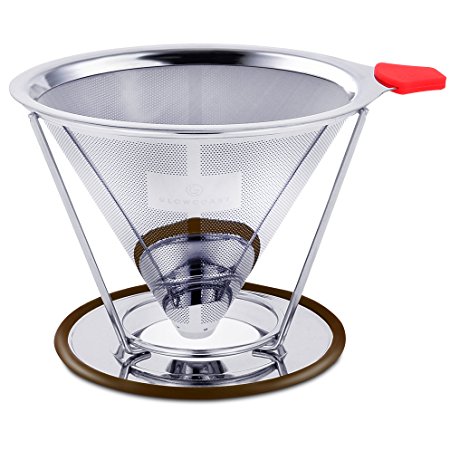 Glowcoast Pour Over Coffee Dripper - Permanent, Reusable Cone Coffee Filter Works With Chemex and Hario V60. Stainless Steel Mesh Pourover Coffee Maker Brews 1-4 Cups. Makes Richer Tasting Coffee.