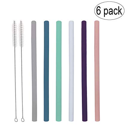 Senneny Set of 6 Big Silicone Straws for 30oz Tumblers Yeti/Rtic - Reusable Silicone Drinking Straws BPA Free with Cleaning Brushes & Portable Bag - Extra Long (6 Straight)