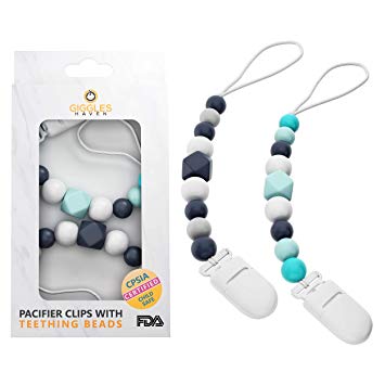 Pacifier Clip Set (2-Pack) for Teething Relief – Pacifier Holder Clips for Newborn Babies and Toddlers – BPA-Free Silicone Beaded Teethers – Perfect Baby Shower Gifts for Girl or Boy