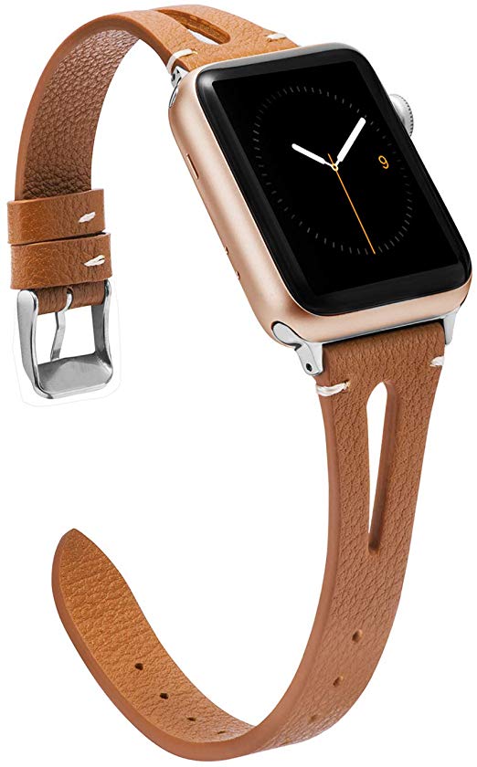 Wearlizer Brown Leather Compatible with Apple Watch Bands 42mm 44mm for iWatch Womens Mens Special Triangle Hole Sport Straps Wristband Cool Replacement Bracelet (Metal Silver Buckle) Series 5 4 3 2 1