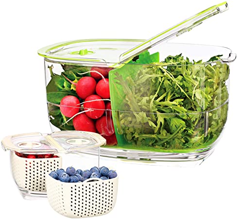 LUXEAR Vegetable Fruit Produce Storage Containers, Partitioned Produce Saver Fridge Storage Container, Fresh Lettuce Keeper, Used in Storing Fruits Veggie Salad - BPA-free - 2Piece