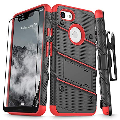 Zizo Bolt Series Compatible with Google Pixel 3 XL Case Military Grade Drop Tested with Full Glass Screen Protector Holster and Kickstand Black Red