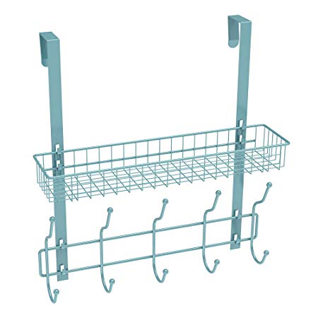 NEX Upgrade Over The Door Hook Shelf Organizer 5 Hooks with Basket Storage Rack for Coats & Towels (Auqa Blue)