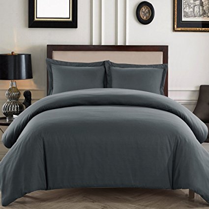 LinenTown 600-Thread-Count Egyptian Cotton Duvet Cover Set - Full/Queen, Dark Grey Solid