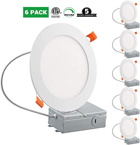 12W 6" Ultra-Thin Recessed Low Profile Slim Panel Light with Junction Box, 100W Equivalent Dimmable Airtight Downlight, 950lm 5000K Daylight White, ETL-Listed, 6 Pack