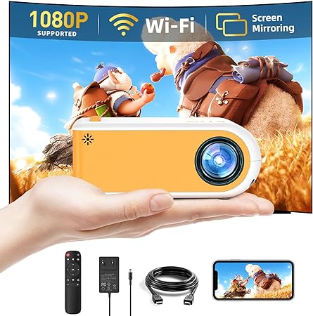 Wifi Mini Projector, 1080P Supported Movie Projector, Portable Projector for Outdoor Indoor Home Theater, Wifi Screen Mirroring for Smartphone, Compatible with Tablet TV Box Games etc