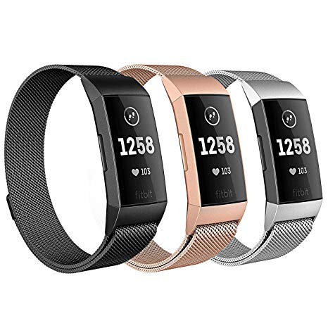 Milanese Bands for Fitbit Charge 3, SailFar 3PCS Magnetic Clasp Mesh Loop Milanese Stainless Steel Metal Bracelet Strap/Watch Band for Fitbit Charge 3,Small/Large, Men/Women, Large, 3pcs