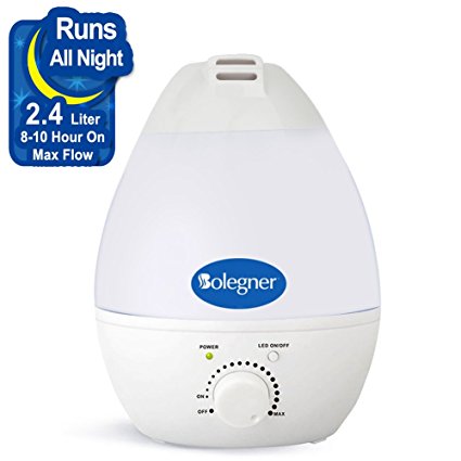 Bolegner Multi-Color Cool Mist Ultrasonic Humidifier, Aroma Essential Oil Diffuser, Whisper Quiet “No Noise” 2.4 Liter Tank Works All Night, Waterless Auto Shut-Off, Cozy Cool 7 Color LED Lights