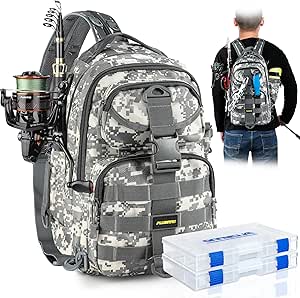 PLUSINNO Fishing Backpack Tackle Bag, Water-Resistant Fishing Backpack with Rod Holder, Ideal Fishing Gifts for Men