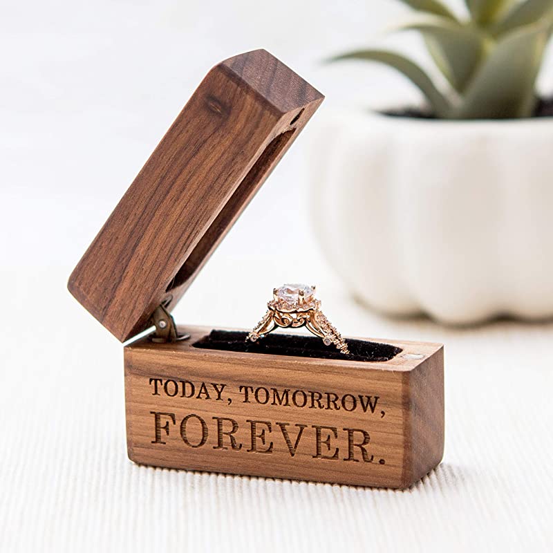 Engraved Wood Ring Box - Today Tomorrow Forever (Slim Portable Engagement Ring Box for Proposals, Wedding Ring Storage)