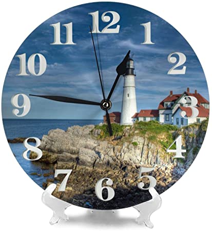 MySty Cute Portland Healight Lighthouse Wall Clock, Silent Non-Ticking Quality Quartz Battery Operated Wall Clock - 10 Inch Round Easy to Read Decorative for Home Office School