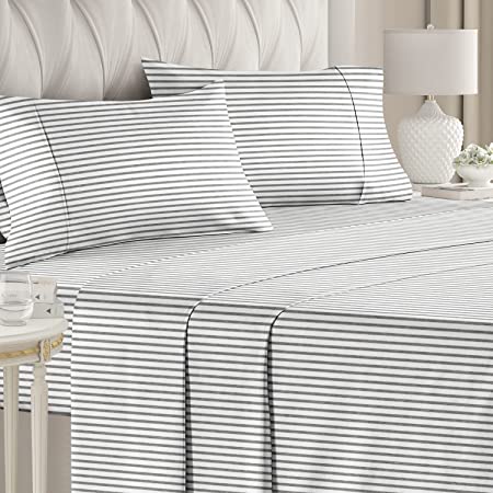 Striped Bed Sheets - Pin Striped Sheets - Grey and White Sheets - Grey and White Striped Sheets - Queen Striped Sheets - Hotel Luxury Bed Sheets - Deep Pockets - Breathable & Cooling Sheets