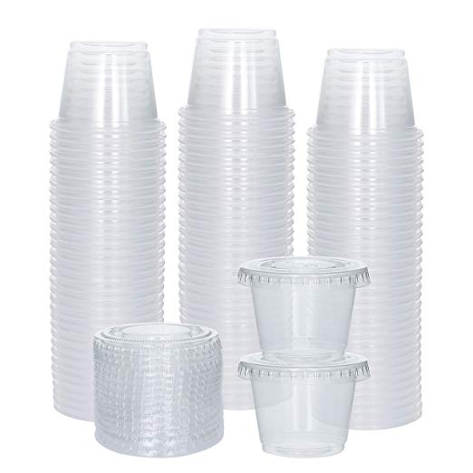 [100 Sets - 1 oz.] Plastic Disposable Souffle Cups Salad Dressing Container to Go with Lids Portion Cups