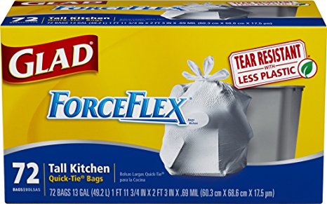 Glad ForceFlex Quick-Tie Tall Kitchen Trash Bags, Unscented, 13 Gallon, 72 Count