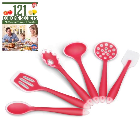 Silicone Cooking Utensils for Kitchen, Set of 6, Red, Non-stick, Plus 121 Cooking Secrets Ebook